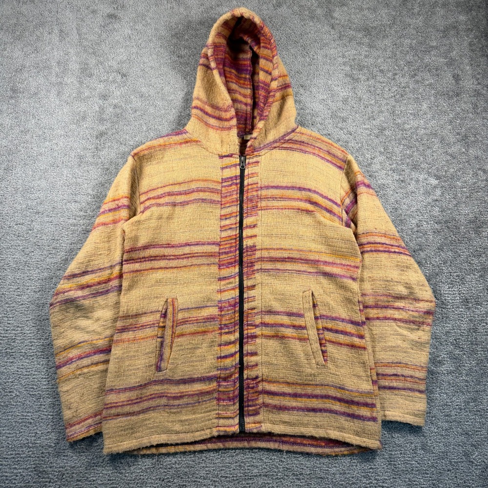 Boho Woven Stripe Full Zip Hoodie Nepal Earth Tone Festival Jacket Large